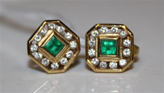 Pair of 18ct gold, emerald and diamond stud earrings, octagonal settings